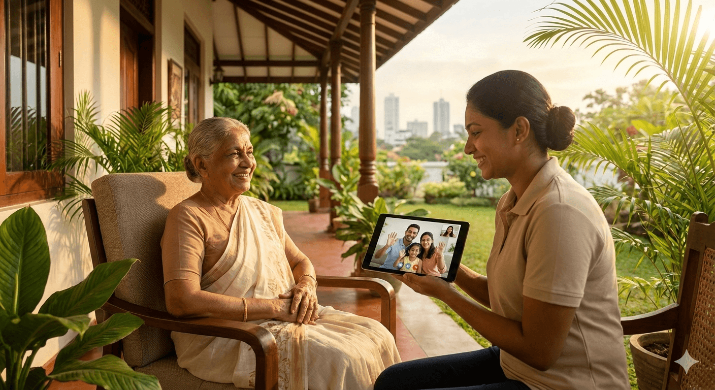 Caregiver assisting elderly woman with a video call to family